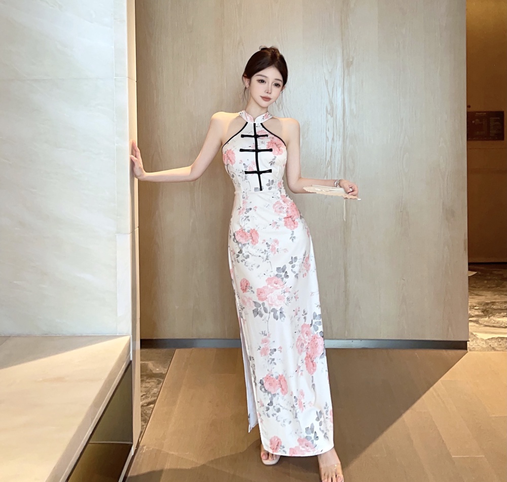 Maiden printing split cheongsam Chinese style splice dress