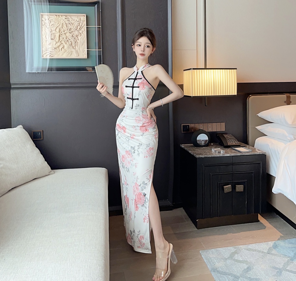 Maiden printing split cheongsam Chinese style splice dress