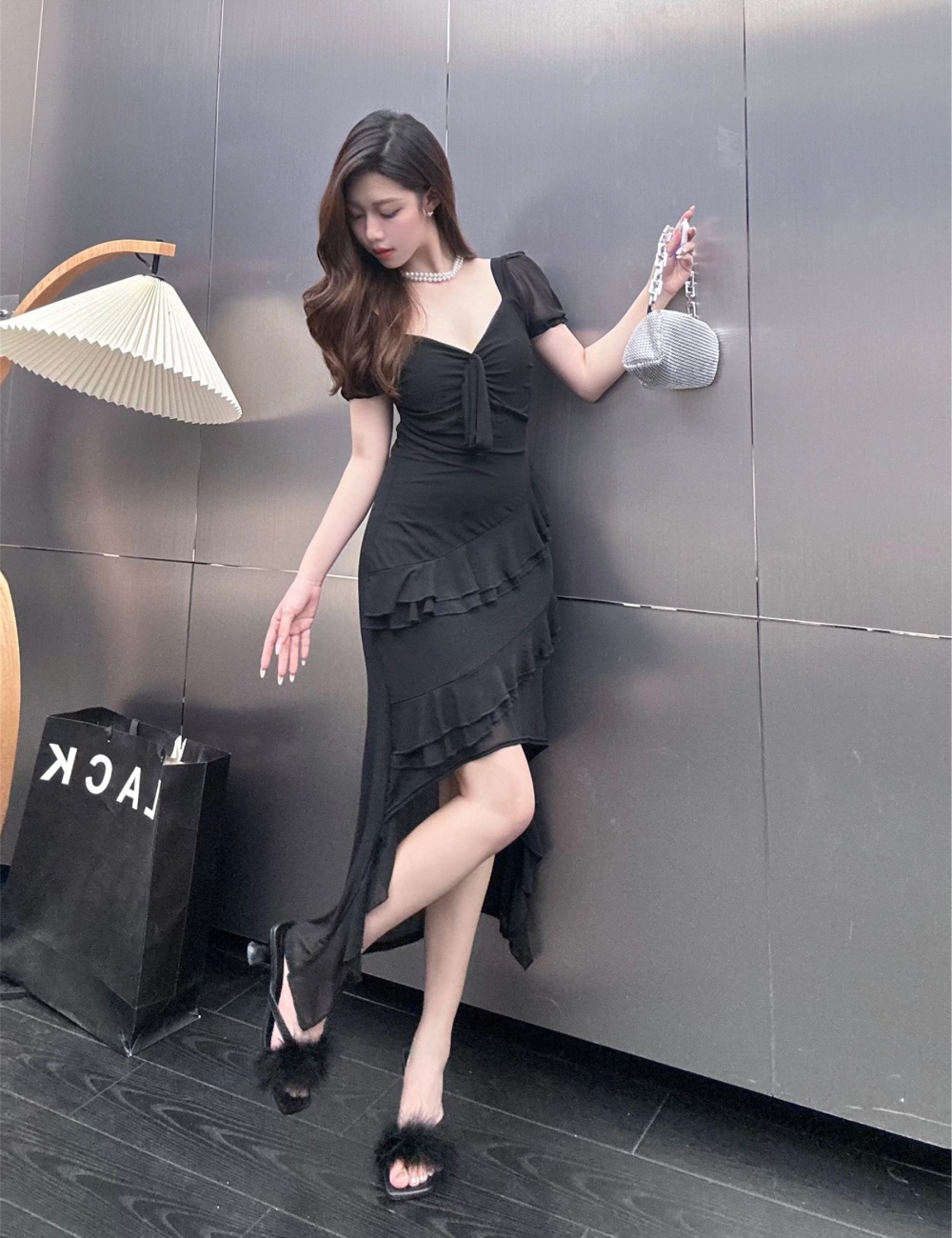 Bubble slim long dress square collar lotus leaf edges dress