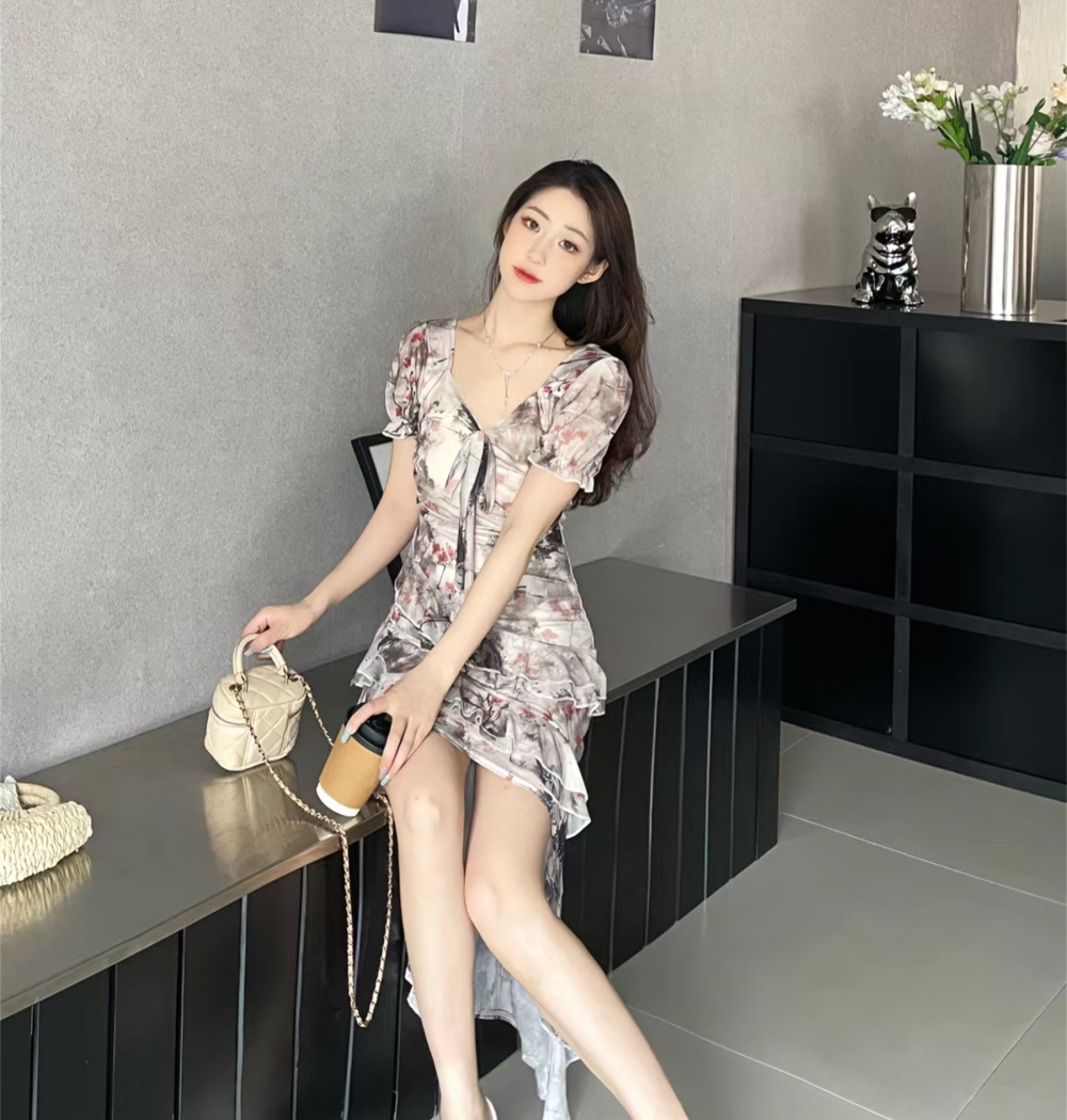 Bubble slim long dress square collar lotus leaf edges dress