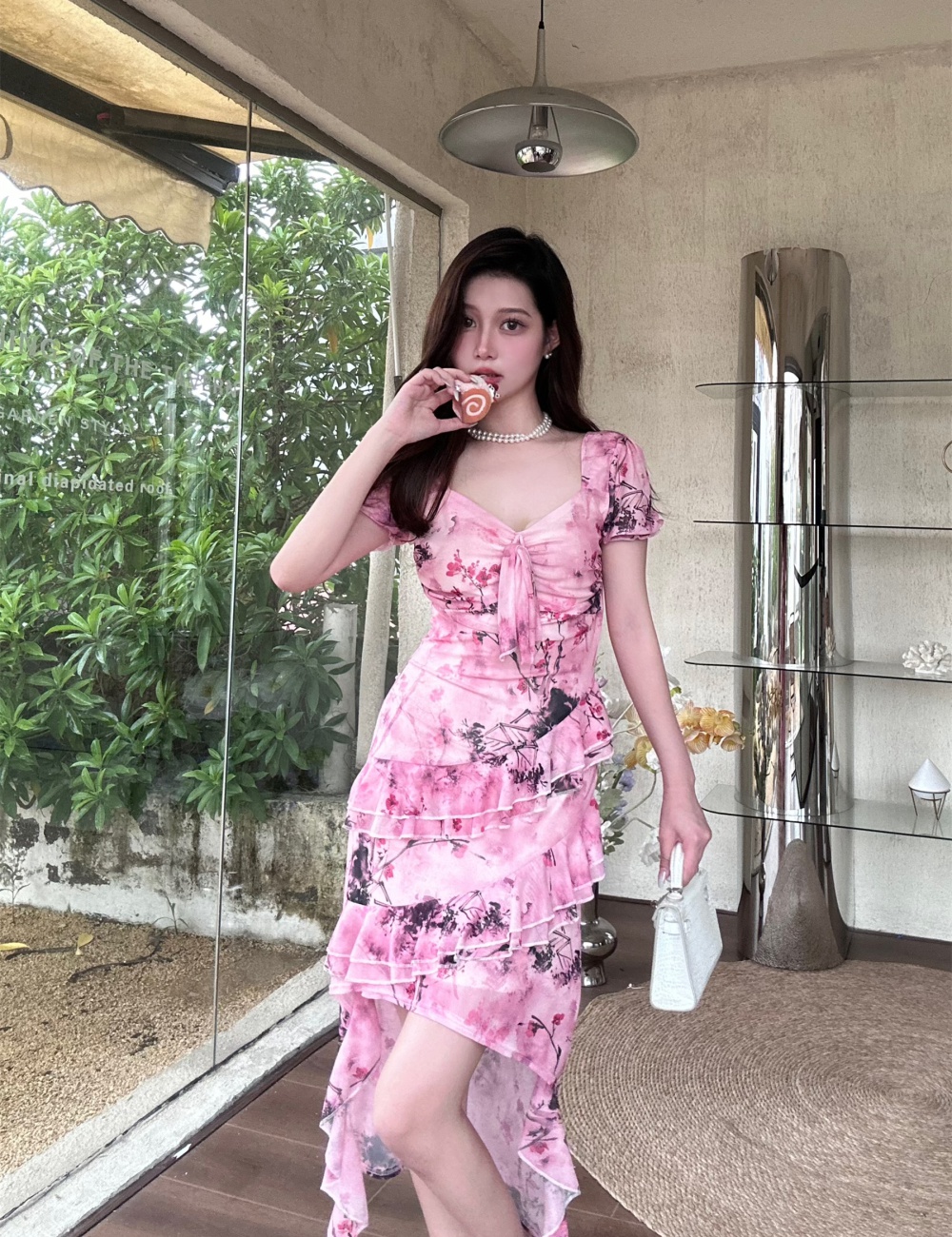 Bubble slim long dress square collar lotus leaf edges dress