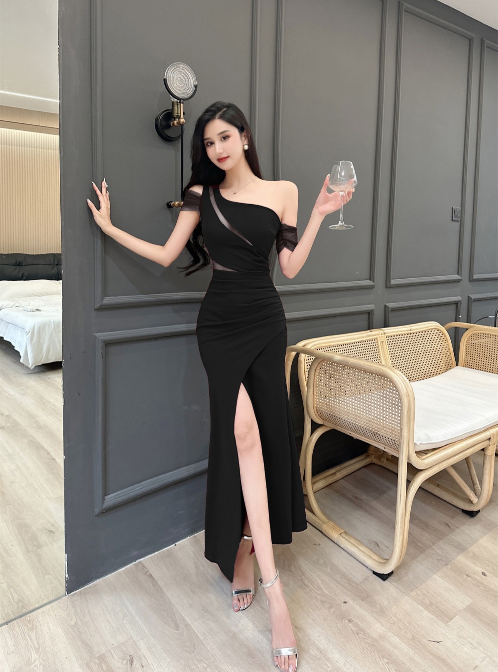 Slim long shoulder mermaid ladies split temperament dress