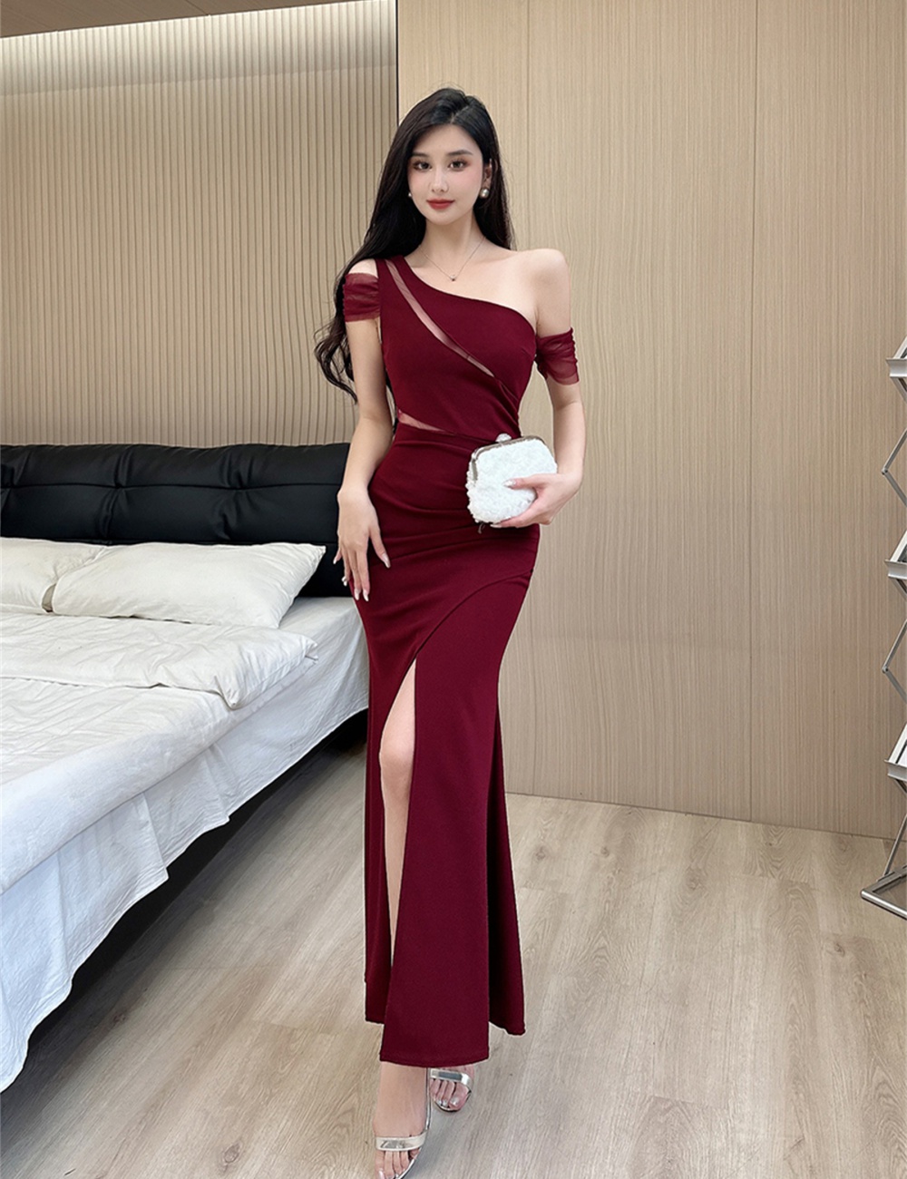 Slim long shoulder mermaid ladies split temperament dress