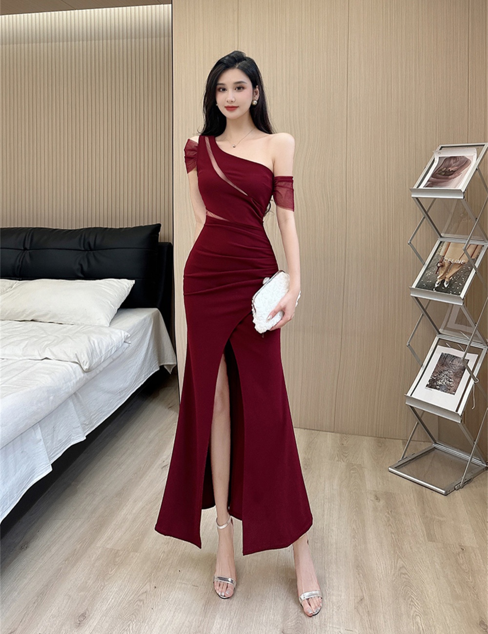 Slim long shoulder mermaid ladies split temperament dress