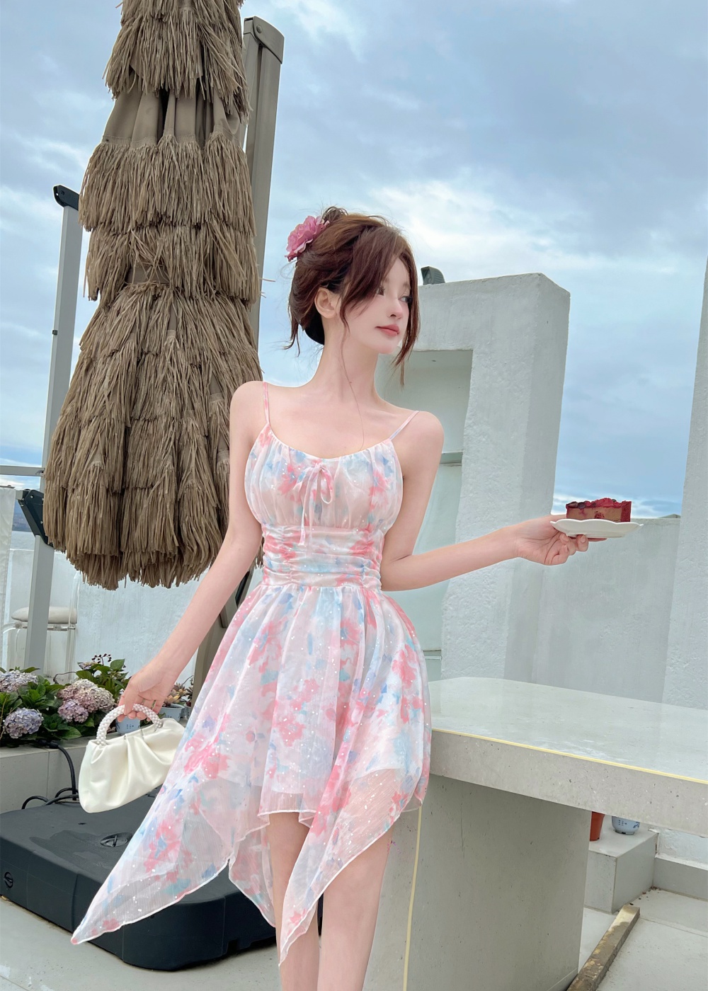 Vacation halter flowers pink dress