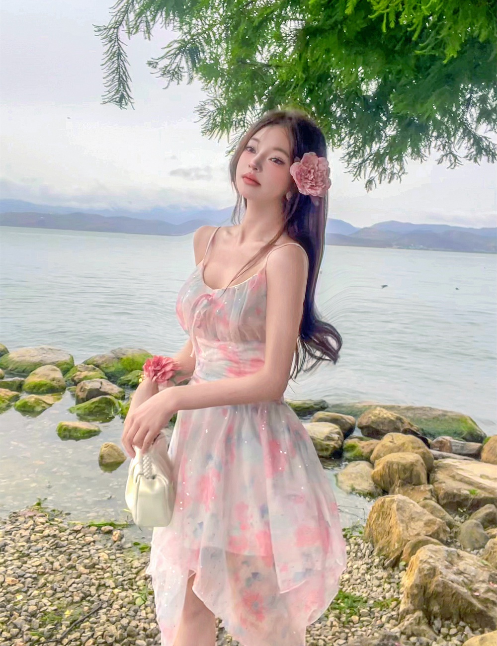 Vacation halter flowers pink dress