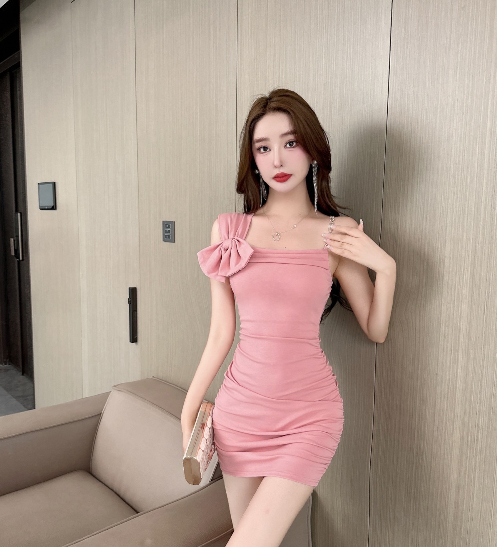 Shoulder bottoming sling bow sexy package hip dress