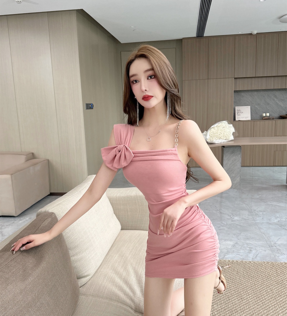 Shoulder bottoming sling bow sexy package hip dress