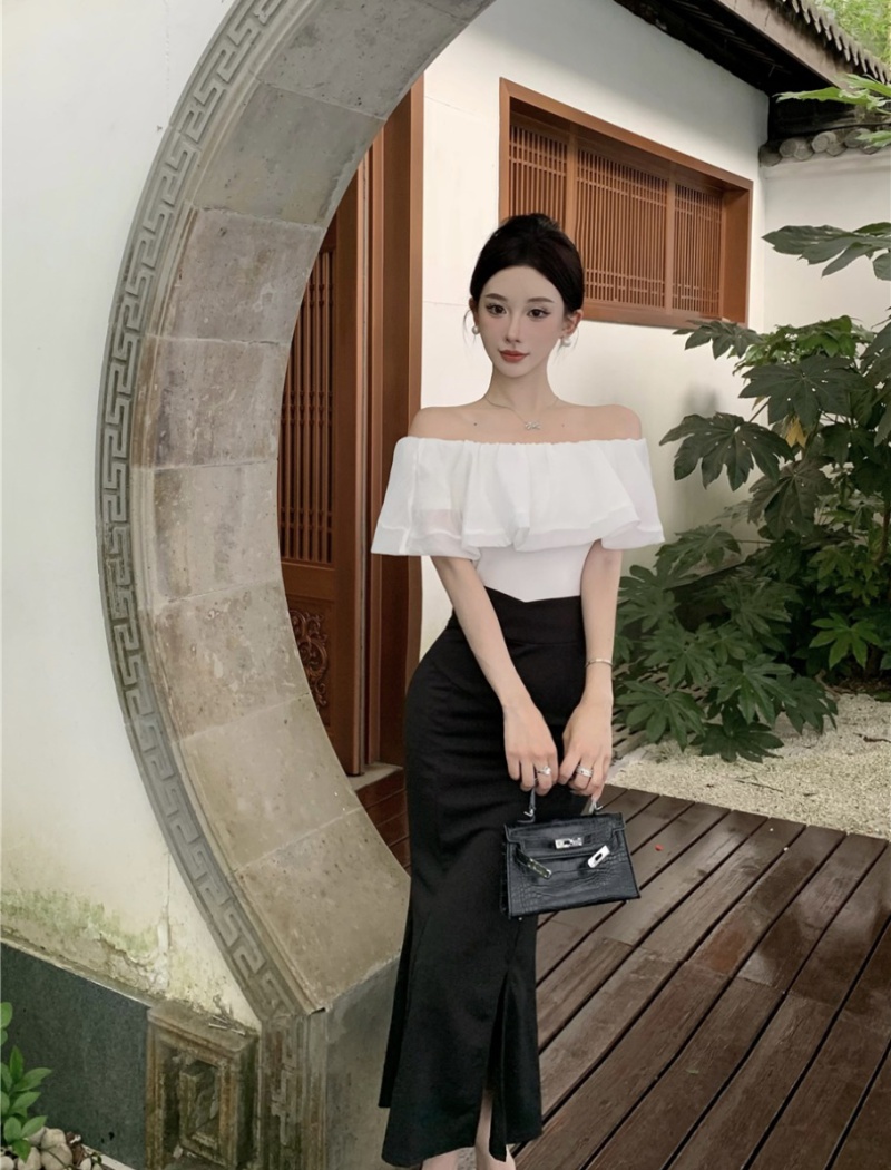 Split mermaid skirt package hip chiffon shirt 2pcs set