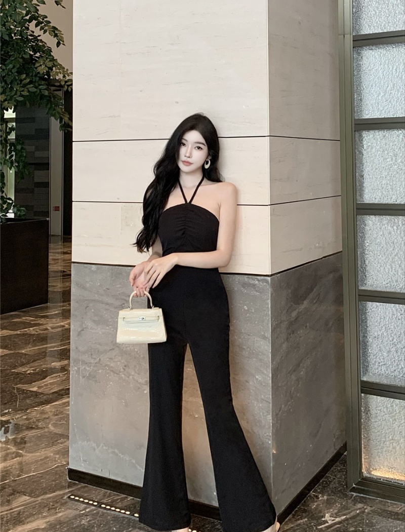 Unique halter high waist wide leg pants summer pure jumpsuit