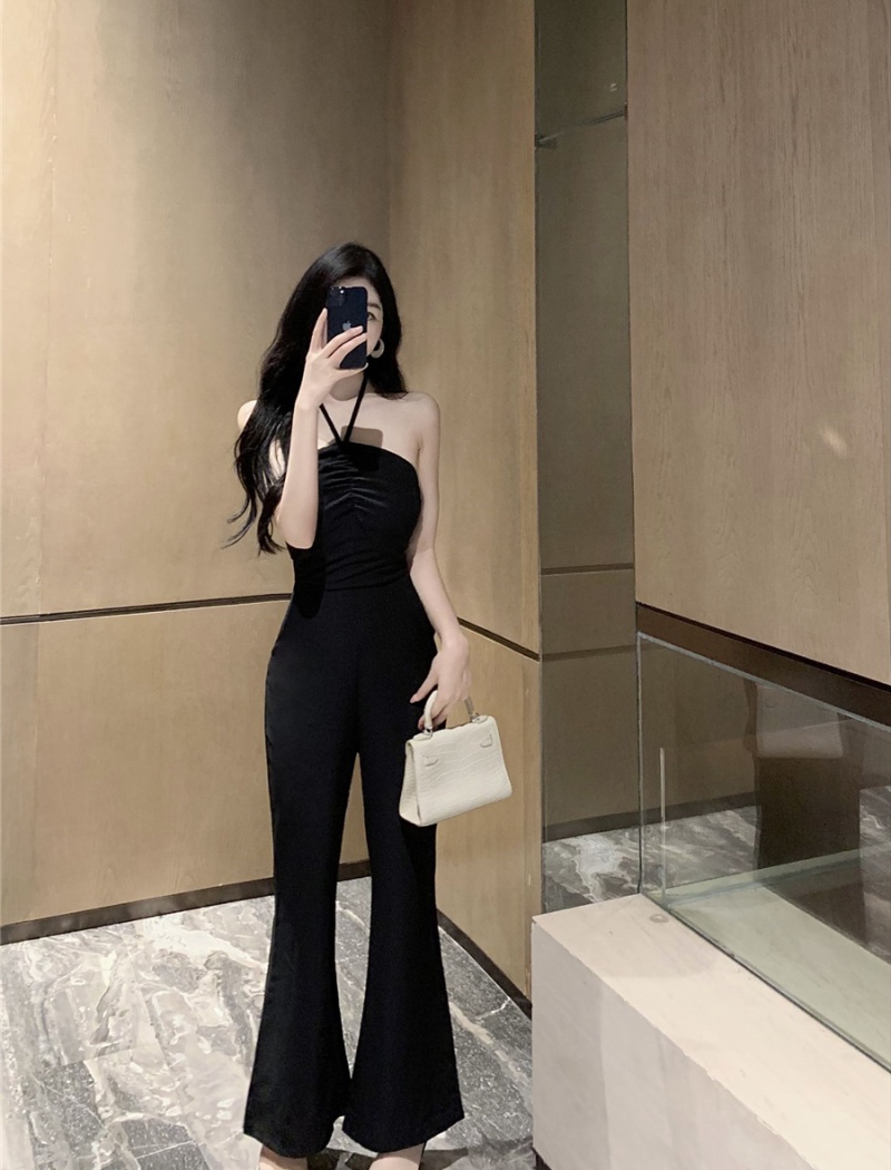 Unique halter high waist wide leg pants summer pure jumpsuit