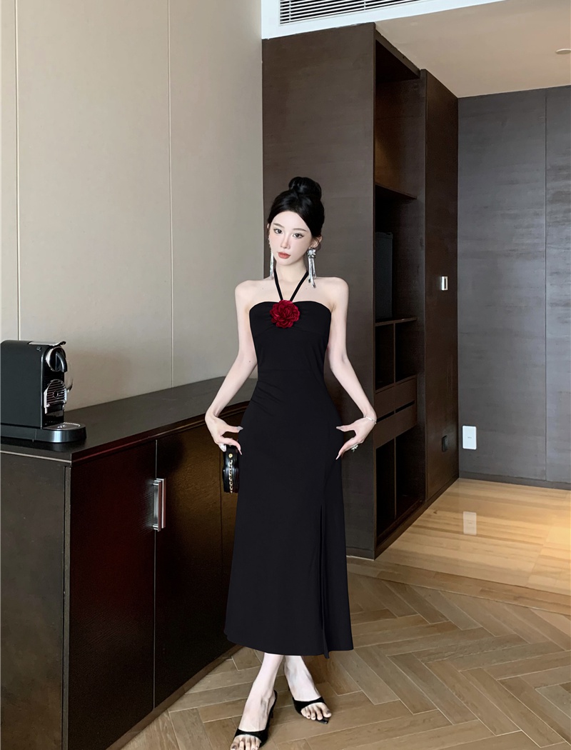 Slim mixed colors long dress halter enticement dress