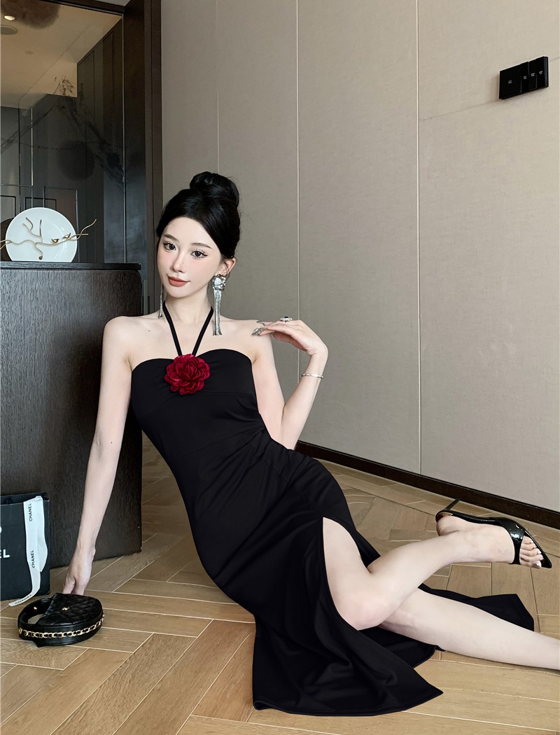 Slim mixed colors long dress halter enticement dress