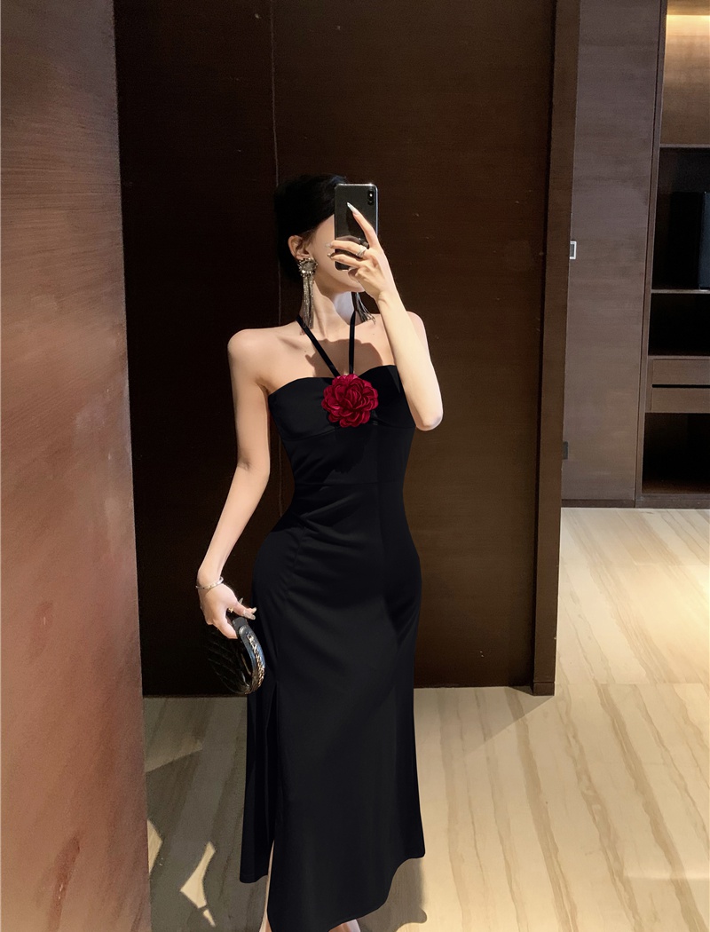 Slim mixed colors long dress halter enticement dress