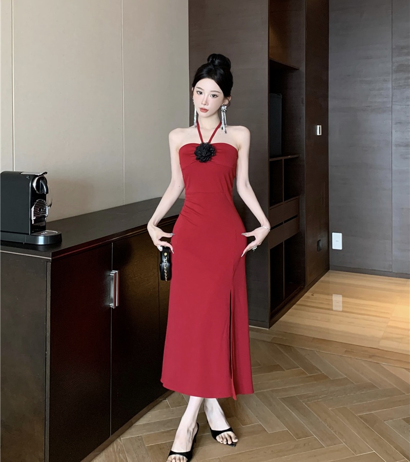 Slim mixed colors long dress halter enticement dress