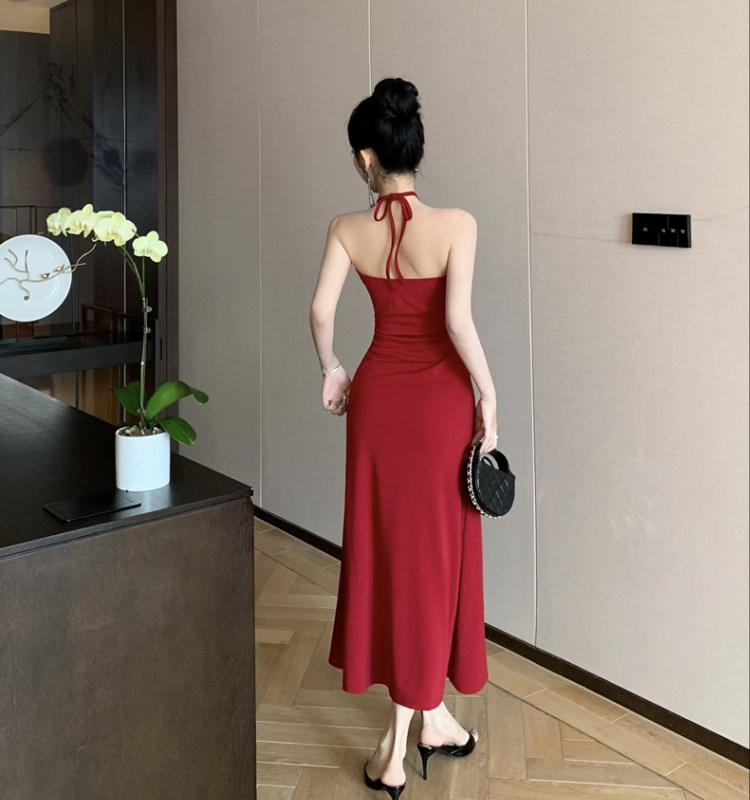 Slim mixed colors long dress halter enticement dress