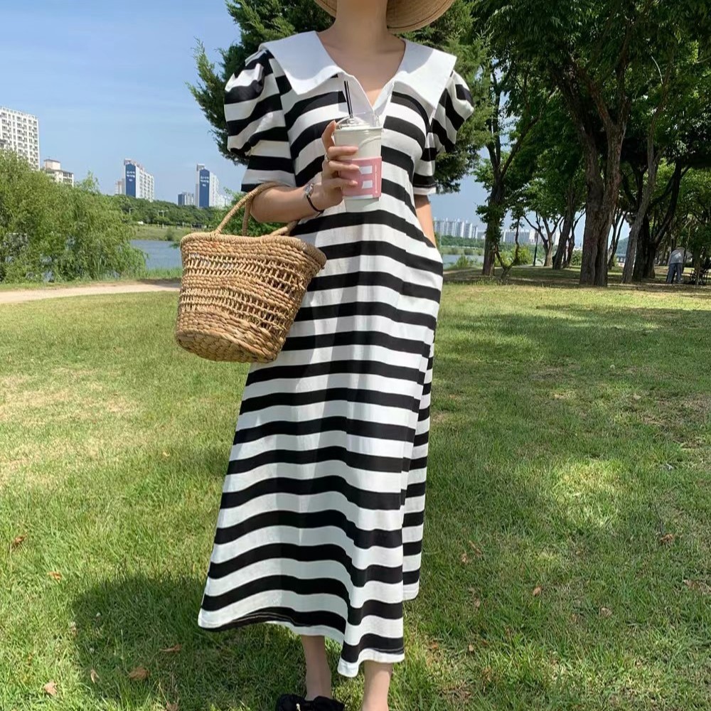 Mixed colors A-line France style stripe dress