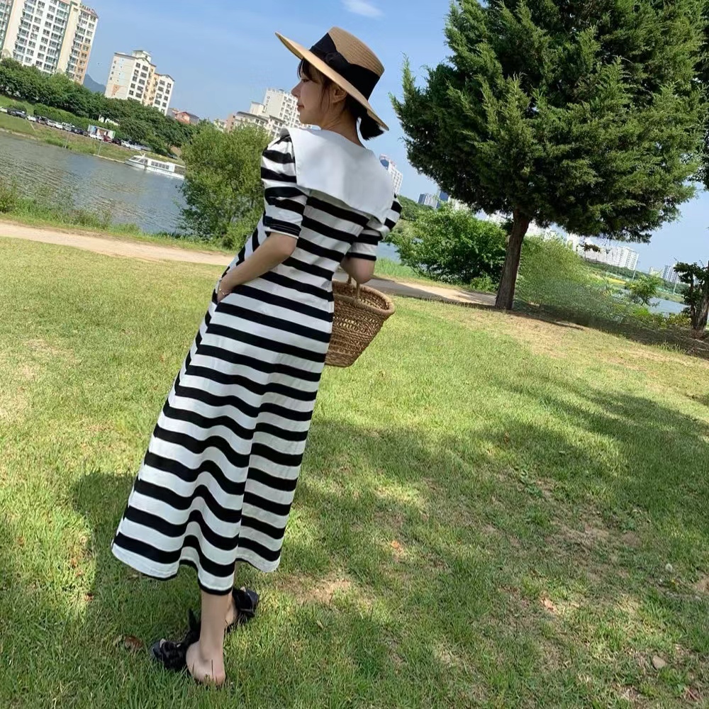 Mixed colors A-line France style stripe dress