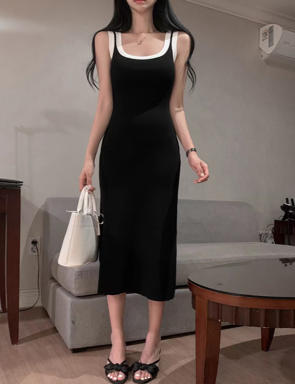 Mixed colors pullover dress U-neck sleeveless strap dress