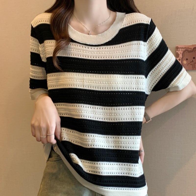 Ice silk thin knitted summer hollow chanelstyle T-shirt