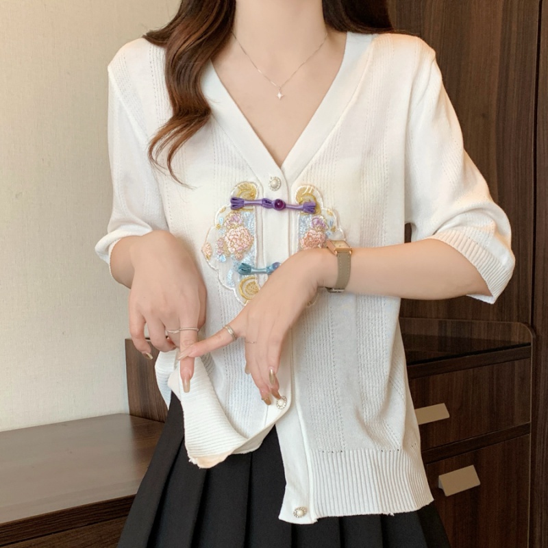 Thin Chinese style knitted summer small cardigan for women