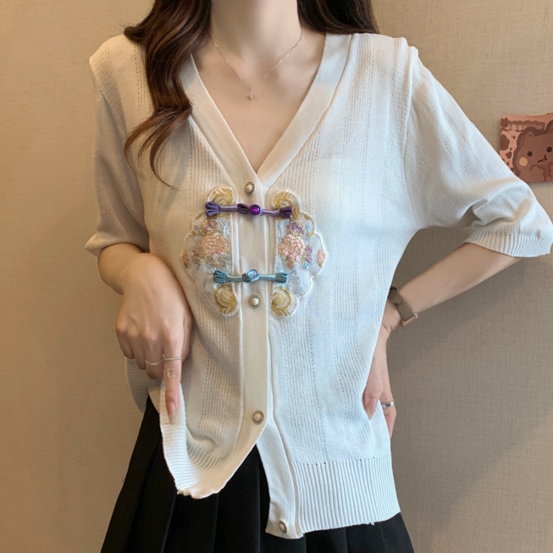 Thin Chinese style knitted summer small cardigan for women