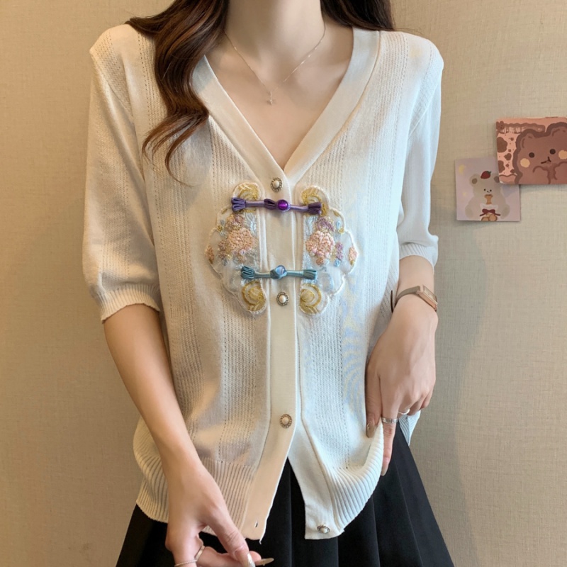 Thin Chinese style knitted summer small cardigan for women