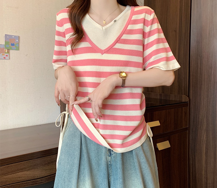 Summer knitted mixed colors drawstring thin T-shirt for women