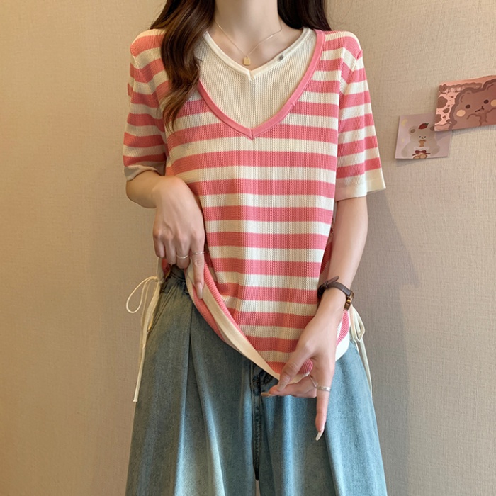 Summer knitted mixed colors drawstring thin T-shirt for women