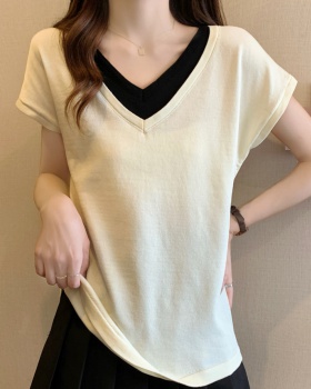 Pseudo-two ice silk thin V-neck summer T-shirt for women