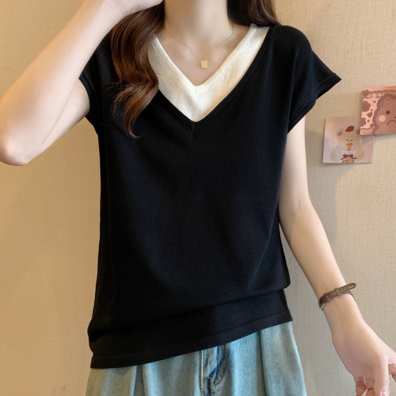 Pseudo-two ice silk thin V-neck summer T-shirt for women