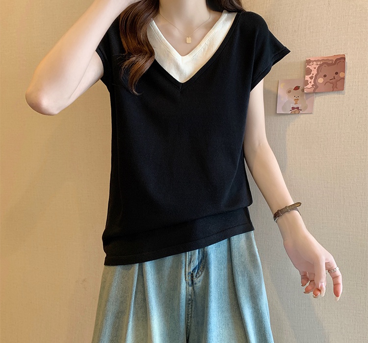 Pseudo-two ice silk thin V-neck summer T-shirt for women