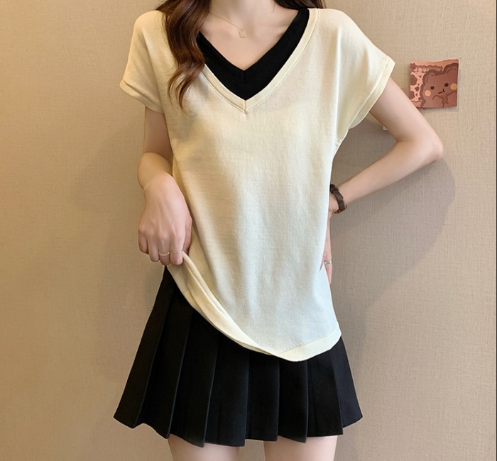 Pseudo-two ice silk thin V-neck summer T-shirt for women