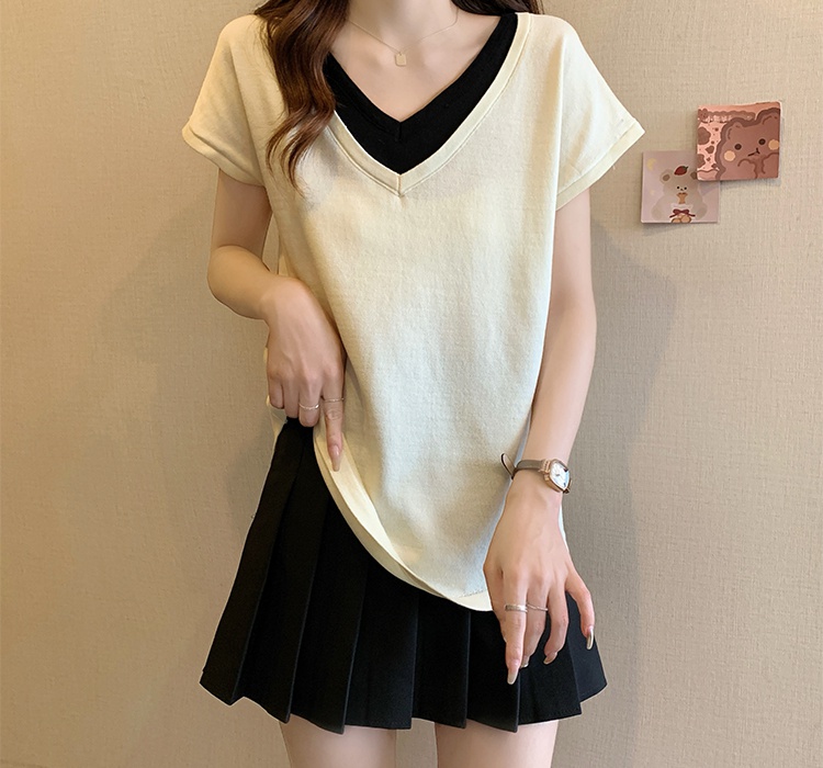 Pseudo-two ice silk thin V-neck summer T-shirt for women