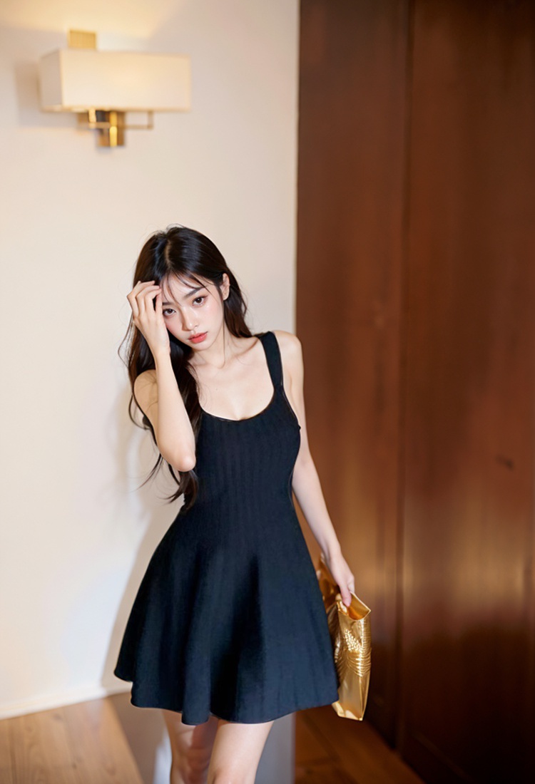 Pleated sling pinched waist T-back sexy black dress