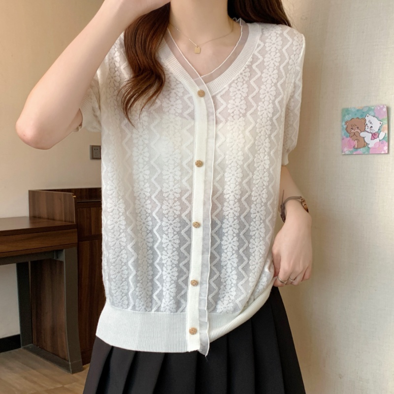 Splice thin ice silk knitted summer organza T-shirt