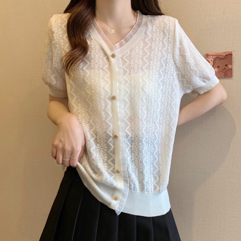 Splice thin ice silk knitted summer organza T-shirt