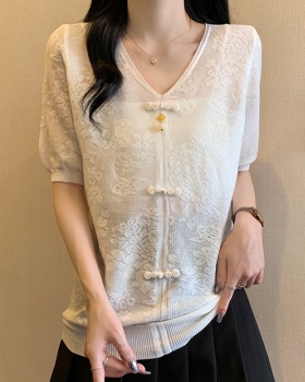 Hollow ice silk V-neck knitted Chinese style summer T-shirt