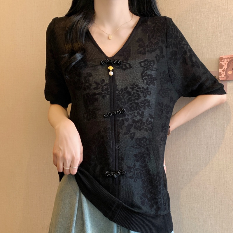 Hollow ice silk V-neck knitted Chinese style summer T-shirt