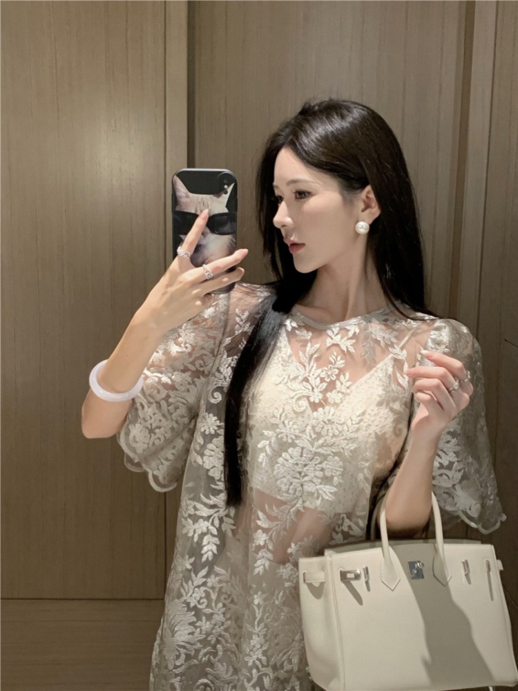 Summer embroidery hollow lace elegant tops for women