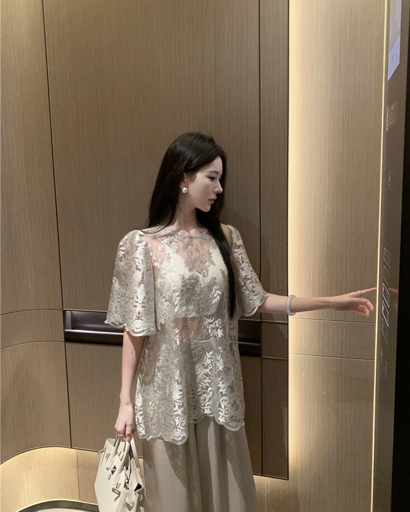 Summer embroidery hollow lace elegant tops for women