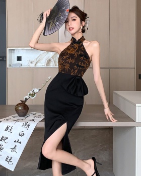 Light Chinese style long dress black retro cheongsam