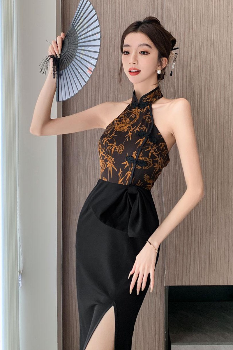 Light Chinese style long dress black retro cheongsam