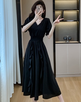 France style black long dress temperament V-neck dress
