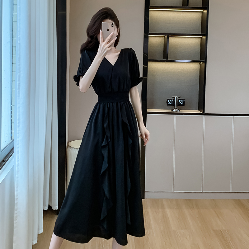 France style black long dress temperament V-neck dress