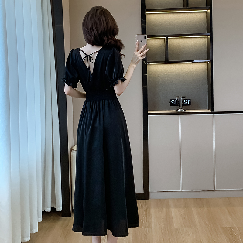 France style black long dress temperament V-neck dress