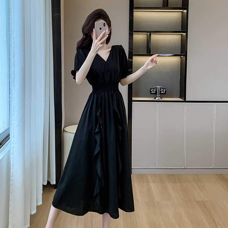 France style black long dress temperament V-neck dress