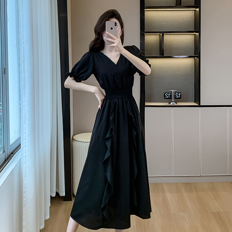 France style black long dress temperament V-neck dress