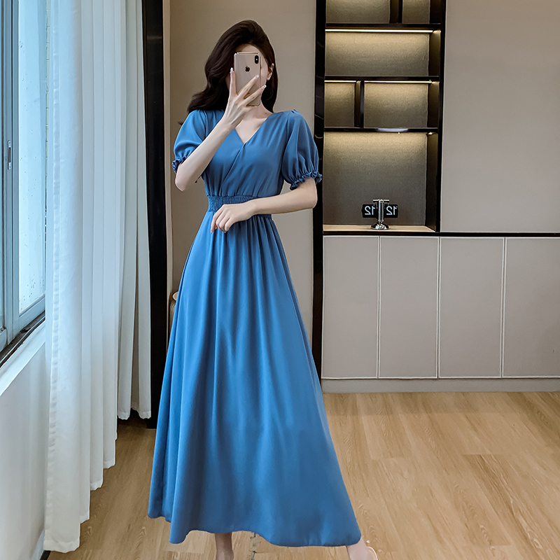 Slim pure long long dress high waist sapphire blue dress