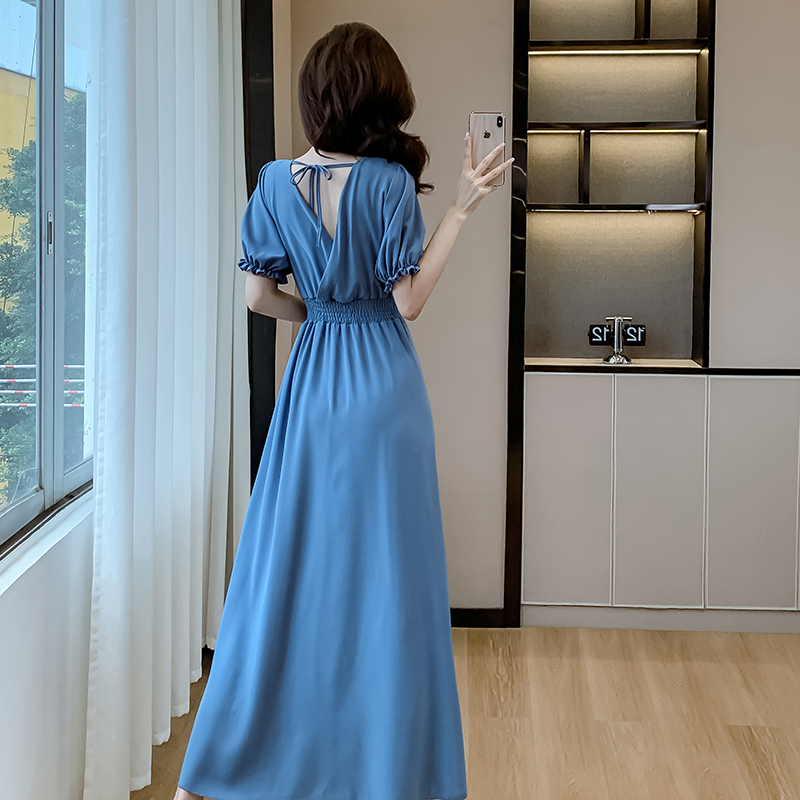 Slim pure long long dress high waist sapphire blue dress